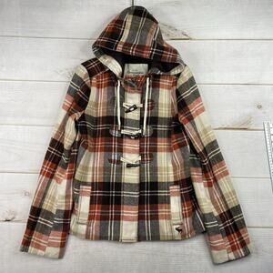 Abercrombie and Fitch Plaid Pea Coat Sz M Toggle Wool Blend Hooded Moose Logo
